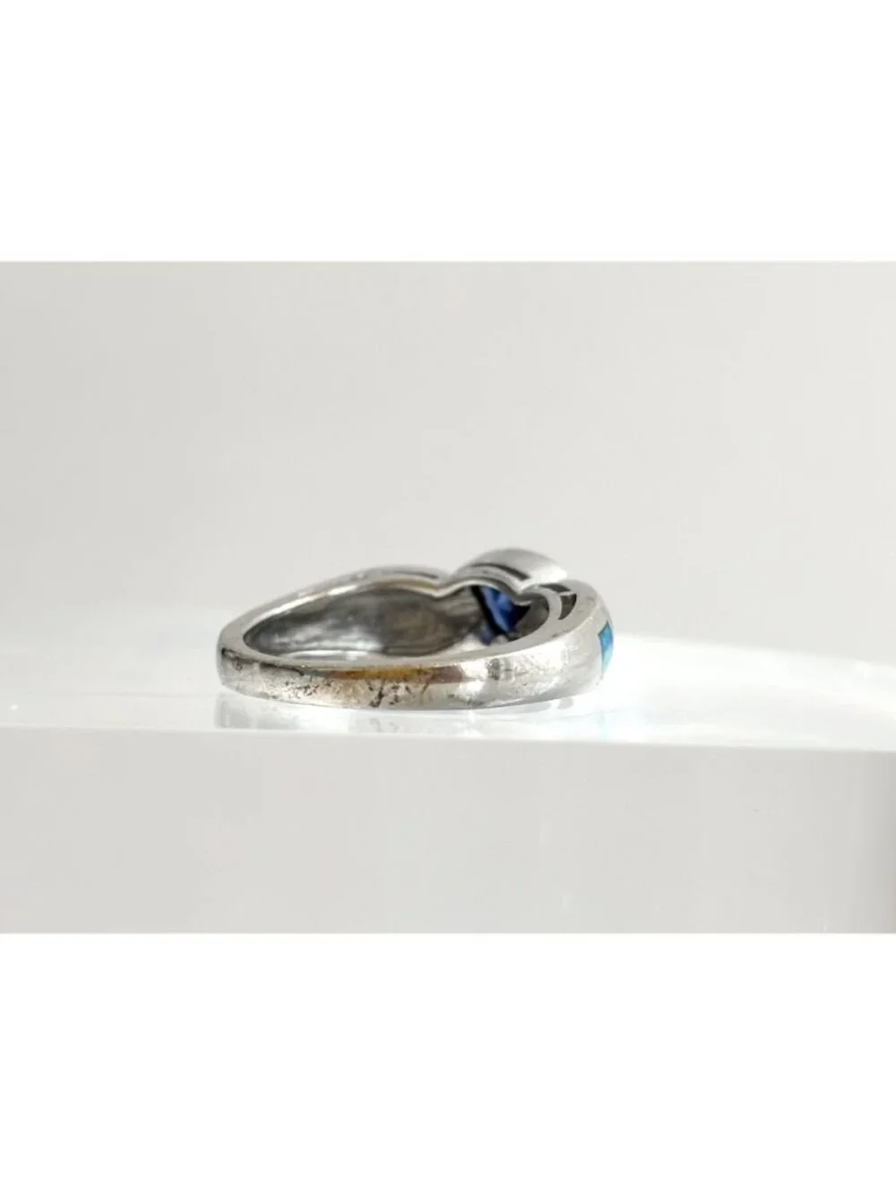 Tanzanite & Opal Framed Gemstone Sterling Silver 925 Vintage Ring - sz 7.25